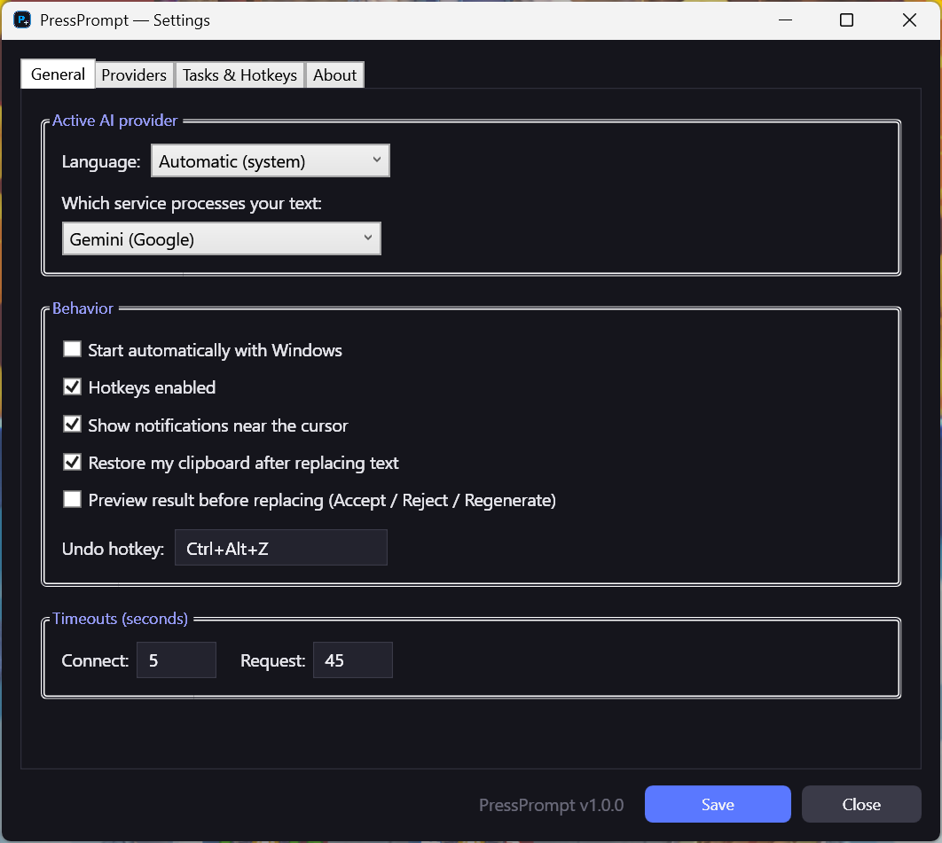 PressPrompt general settings