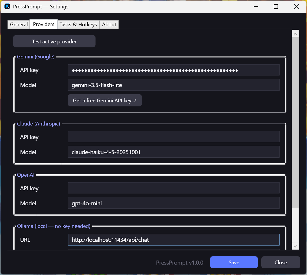 PressPrompt providers settings: Gemini, Claude, OpenAI, and Ollama