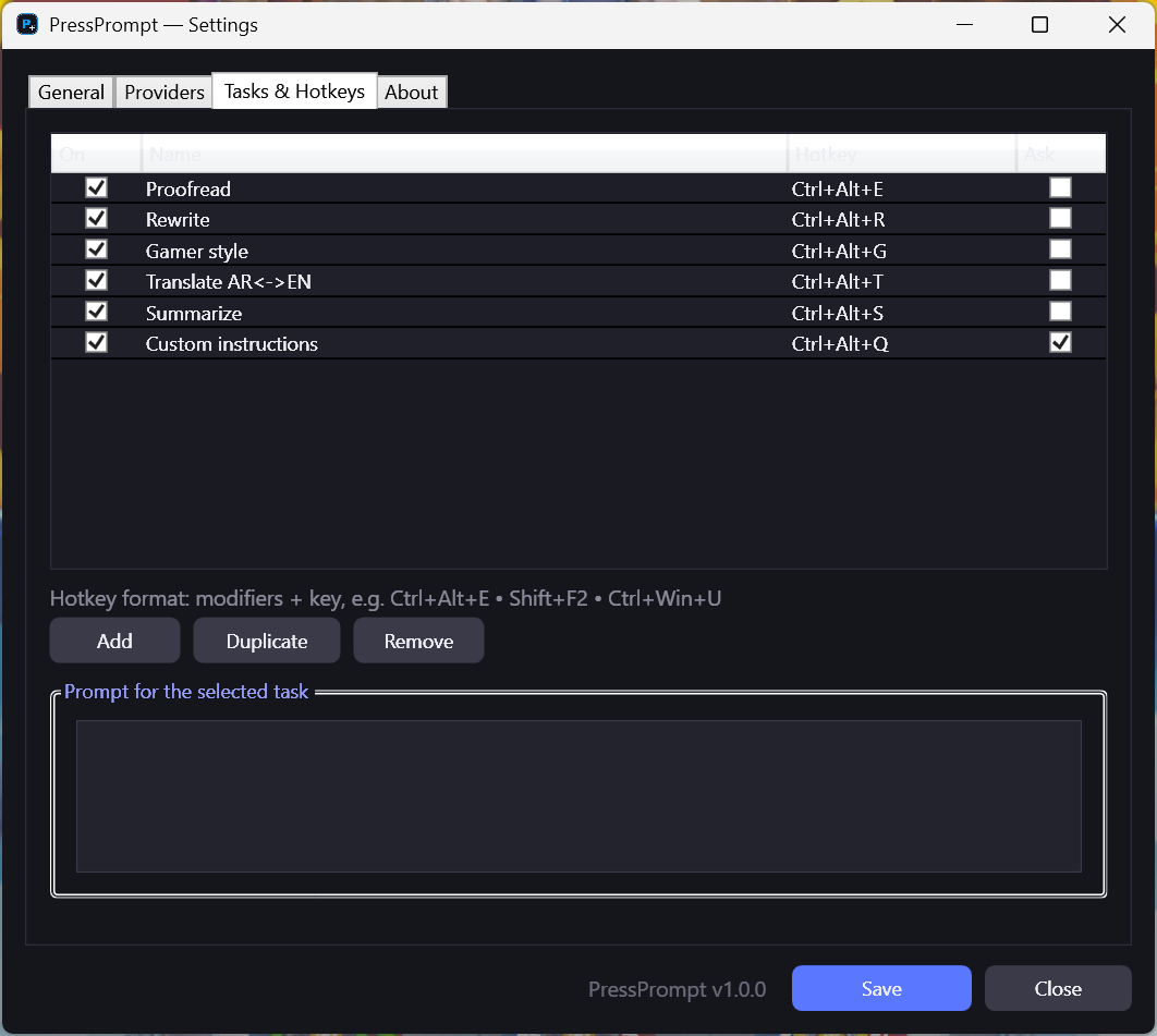 PressPrompt tasks and hotkeys settings
